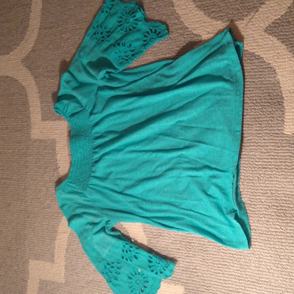 Teal 3/4 sleeve blouse with decorative sleeves